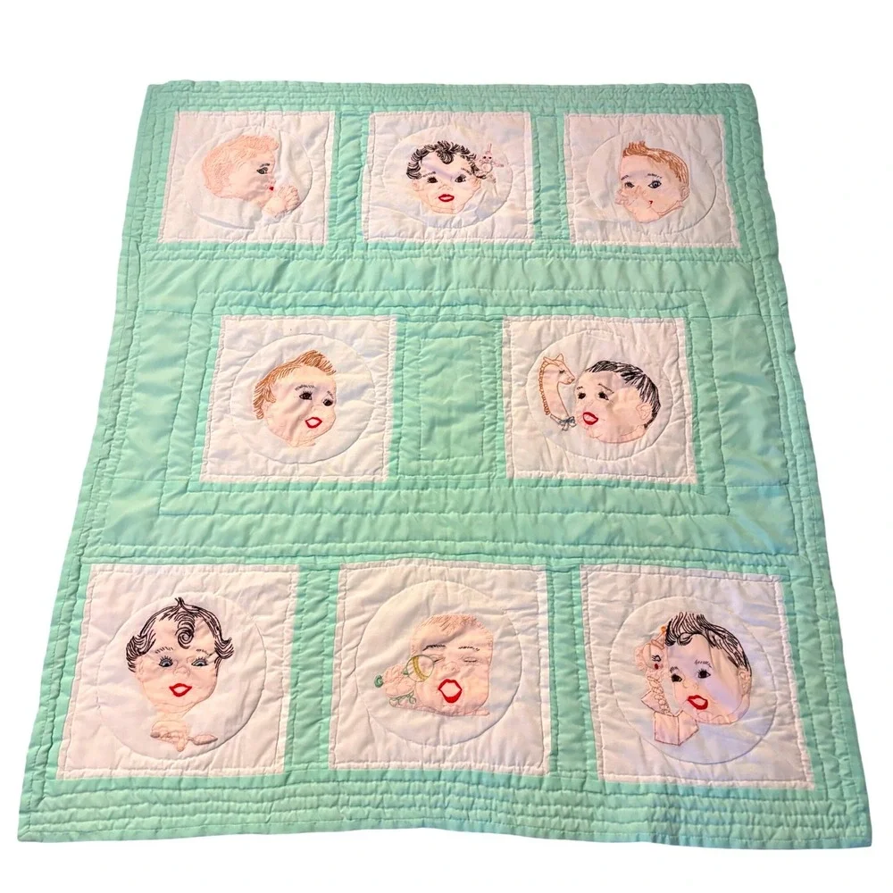 Vtg Kitsch Baby Face Quilt Hand Embroidered Mint Green Mid Century Nursery Boho